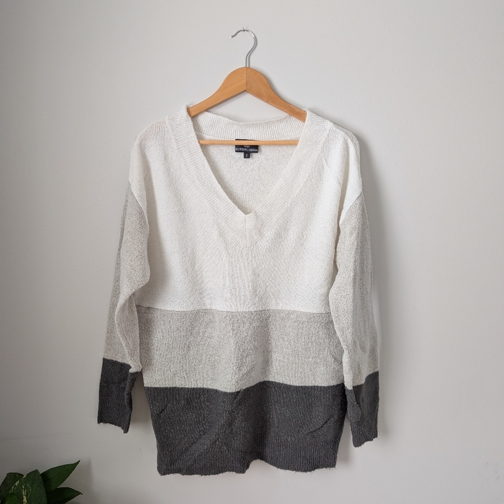 Nursing Queen V-Neck Sweater - White and Gray